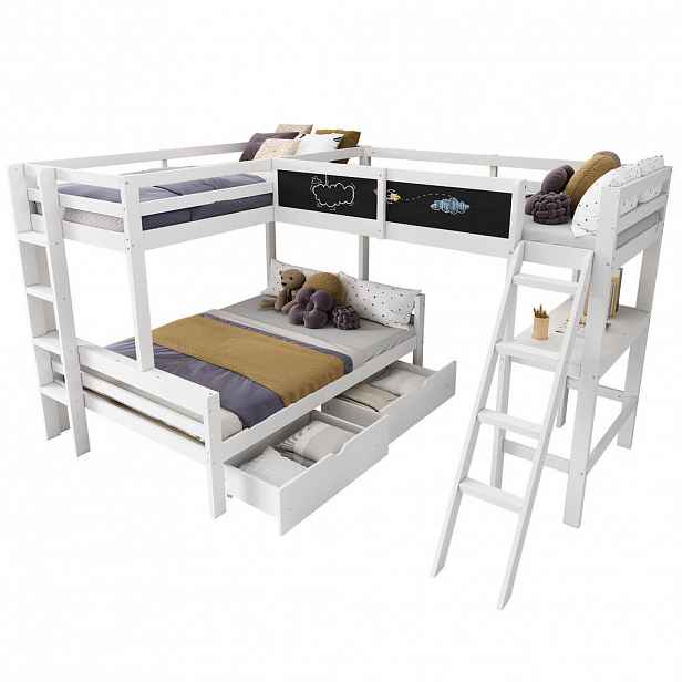 Redom PALANDA 140/200 a 2x 90/200 cm s psacím stolem, zásuvkami a schody z masivu, Bílá/dub
