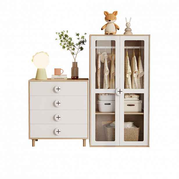 Modfu ŠATNÍ skříň s komodou z MDF 80x50x150 cm a 80x54x90 cm přírodní/bílá s akrylovými dvířky a 4 zásuvkami