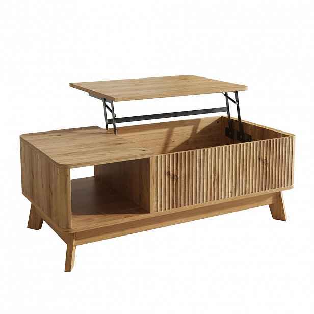 Modfu KONFERENČNÍ stolek z MDF 95x48x50 cm přírodní s výklopnou deskou, úložným prostorem a vlnitým dekorem