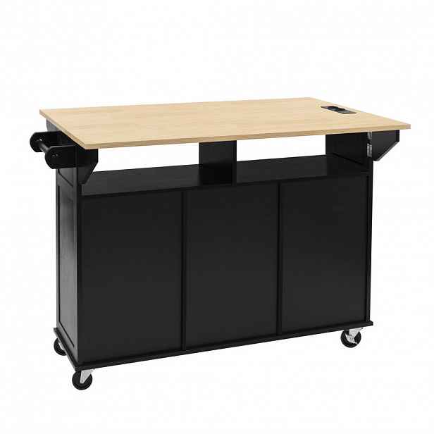 Redom KUCHYŇSKÝ ostrůvek 120/40-60-80/92 cm s výklopnou deskou, kolečky, zásuvkami a úložným prostorem, Černá/přírodní