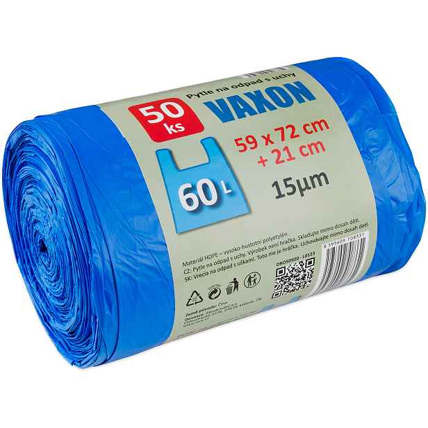 Pytle na odpadky Vaxon 60 l – 50 ks, 15 µm, s uchy, modré 3400/9