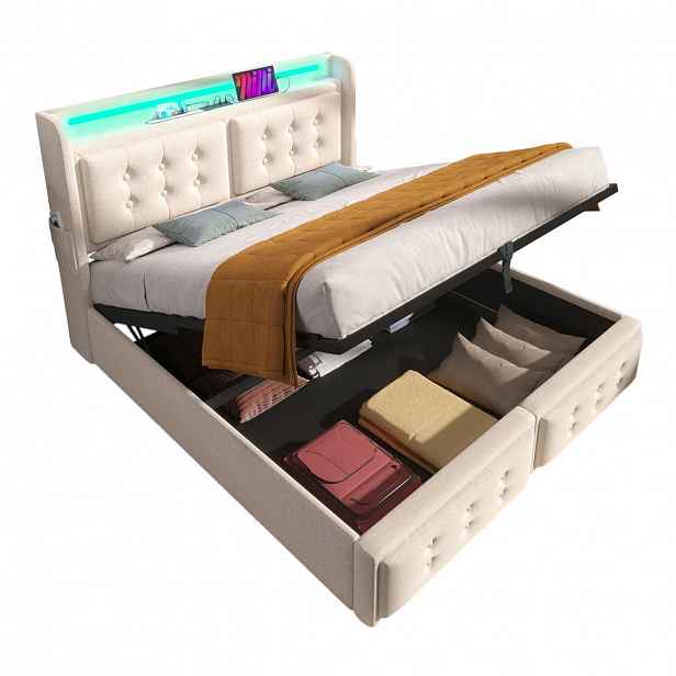 WISHDOR ČALOUNĚNÁ POSTEL 180/200 cm béžová len s úložným prostorem, LED osvětlením a USB portem