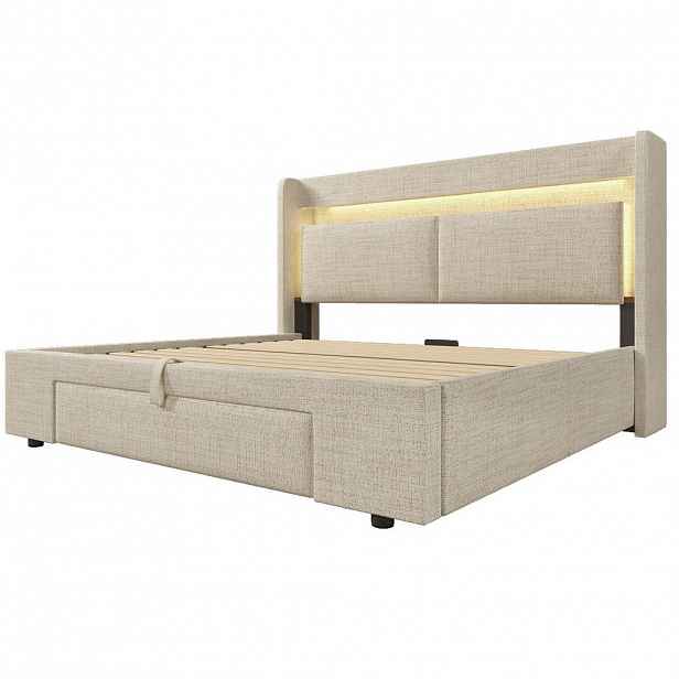 Modfu ČALOUNĚNÁ postel z lnu 160x200 cm béžová s LED, USB/USB-C a hydraulickým úložným prostorem