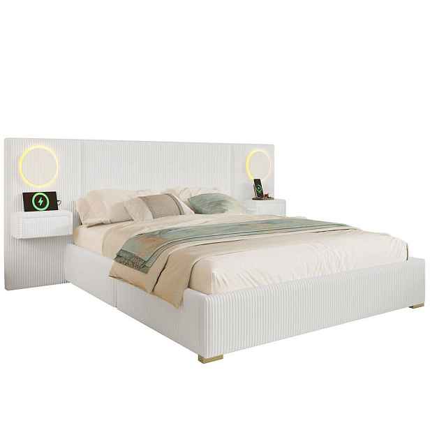 Redom SAMETOVÁ čalouněná postel 180/200 cm s LED čelem, USB porty a nočními stolky se zásuvkami, béžová