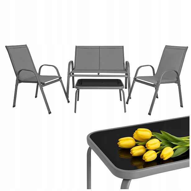 Gardlov 27600 Zahradní set stůl, lavice, 2x křeslo, kov, šedý