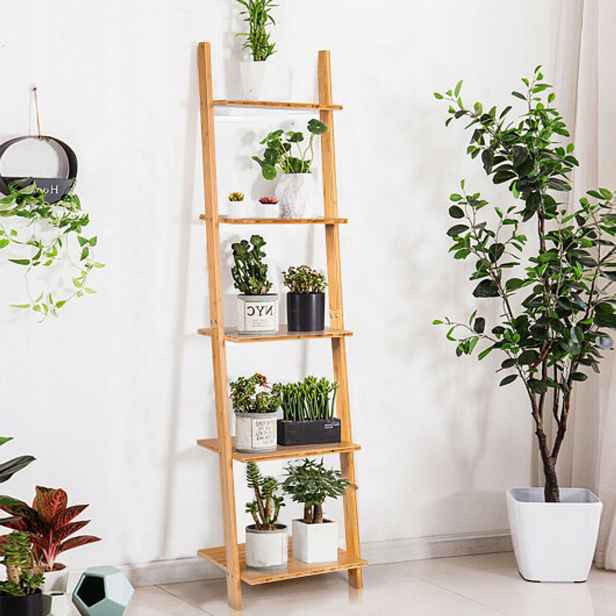 Regál Costway polička, koupelnový žebřík 165x43x35 cm regál s žebříkem