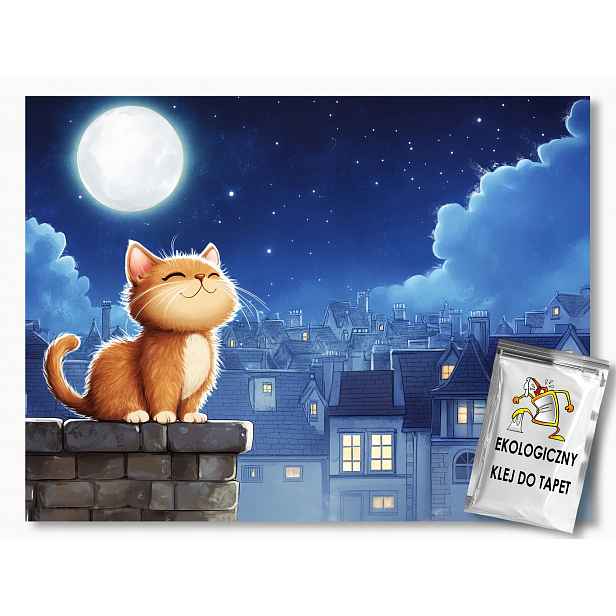 Fototapeta Flizelina Noc Město Střecha Měsíc Kočka Procházka 208x146 130g