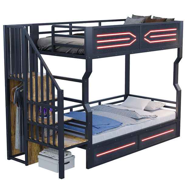 OKWISH PATROVÁ postel 90/200 cm černá z kovu a MDF s úložnými schody a LED diodami