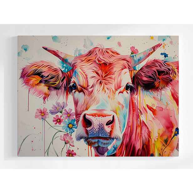 Obraz Na Plátně Canvas Portrét Kráva Růžová Barvy Květiny Boho 80x60