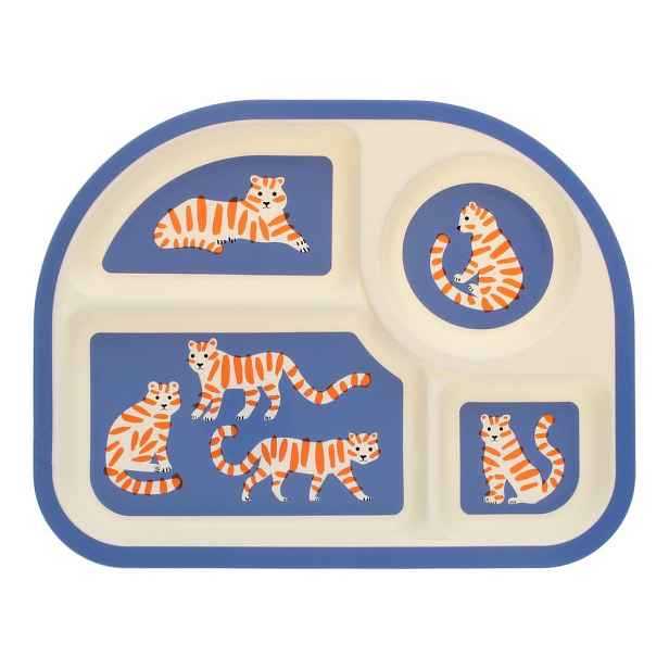 Modrý/béžový plastový dětský talíř 21x27 cm Tiger – Rex London