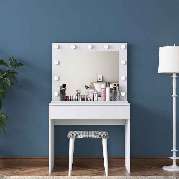 Kalune Design Minimalistický toaletní stolek Alisson III s LED zrcadlem a taburetem bílý