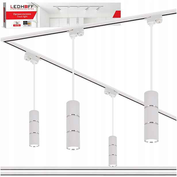 Kolejnicová lišta 2 m 4x Led závěsná lampa Tuba GU10 Bílá Stříbrná objímka