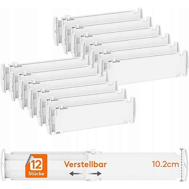 12 přihrádek do zásuvek, 35 – 55 cm a výška > 10,5 cm, organizér