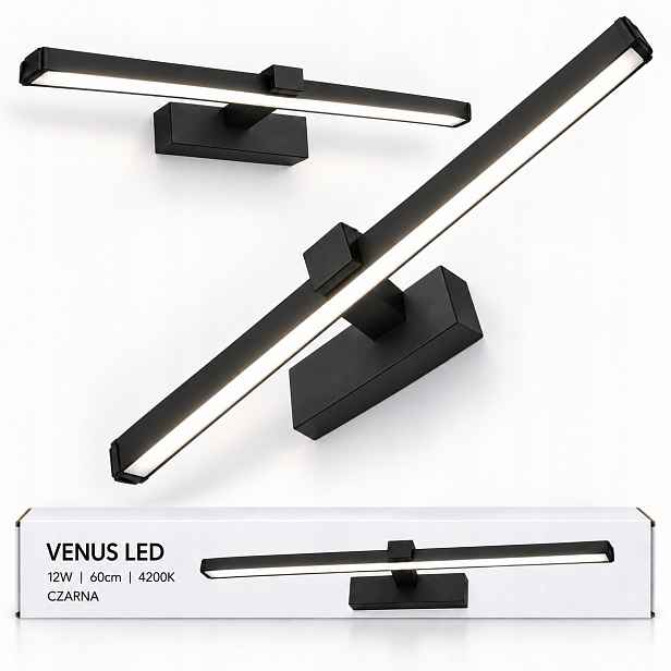 Led koupelnové nástěnné svítidlo Venus 12W 60 cm, černá lampa nad zrcadlo 4200K