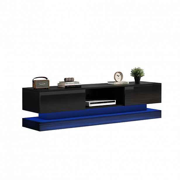Modfu TV stolek z dřevotřísky 160x35x40,5 cm černá s LED osvětlením, 2 zásuvkami a ochranou proti převrácení