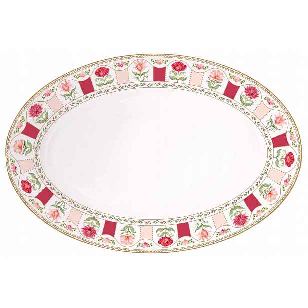 Porcelánová miska, talíř podnos, červené proužky, ozdobný motiv květin