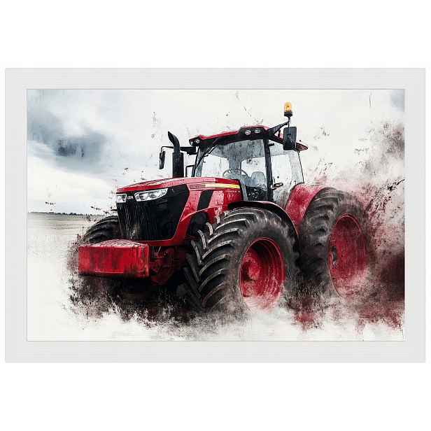 Plakát Rámeček Dřevo Červený Traktor Farma Pole Zemědělský Traktor 60x40