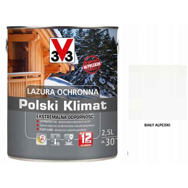 Lazura V33 Polský Klima 12 let 2,5 L Extrémní bílá alpská saténová
