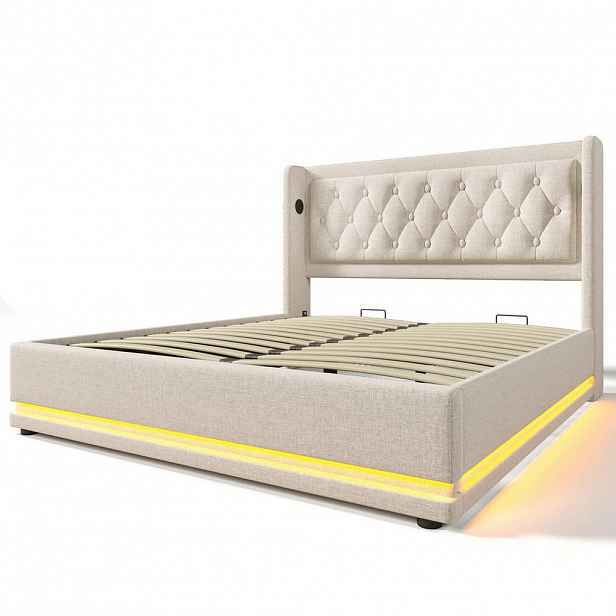 Modfu ČALOUNĚNÁ postel z bavlny 160x200 cm béžová s LED osvětlením, USB a USB-C, hydraulickým úložným prostorem