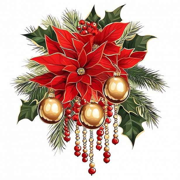 TEMU 1ks Vášnivá vánoční samolepka na zeď s Poinsettie, "Červená Poinsettie + Zlatá vánoční koule Červená bobule Borovicová větev" Samolepka na okno,