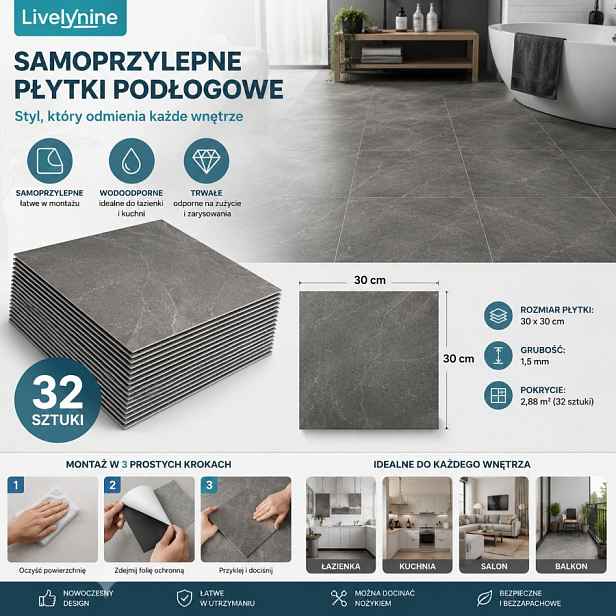 Livelynine – samolepicí vinylové dlaždice 30×30 cm, 32ks/2,88 m²