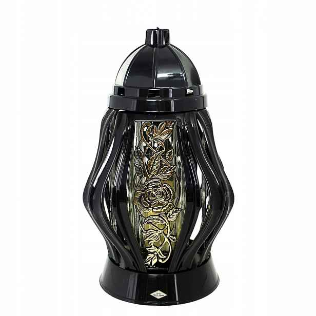 Hřbitovní Svíčka Ažur růže stuha lamely lampion náhrobní černá růže zlatá ozdoba