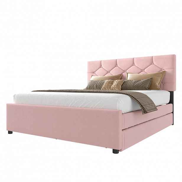 Modfu ČALOUNĚNÁ postel ze sametu a MDF 140x200 cm růžová s výsuvným lůžkem a lamelovým roštem, knoflíkové čelo