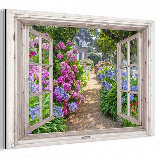 MuchoWow KOVOVÝ OBRAZ Hortenzie - Průhledné - Květiny - Léto - Fialová - Cesta 90x60 cm