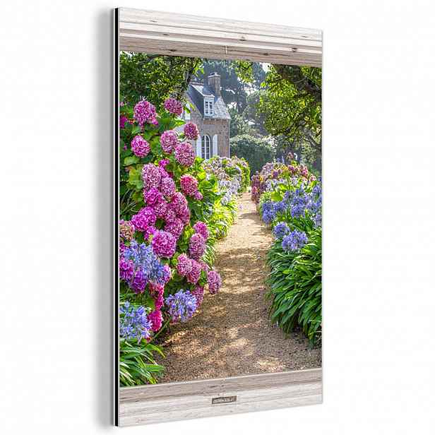 MuchoWow KOVOVÝ OBRAZ Hortenzie - Průhledné - Květiny - Léto - Fialová - Cesta 60x90 cm