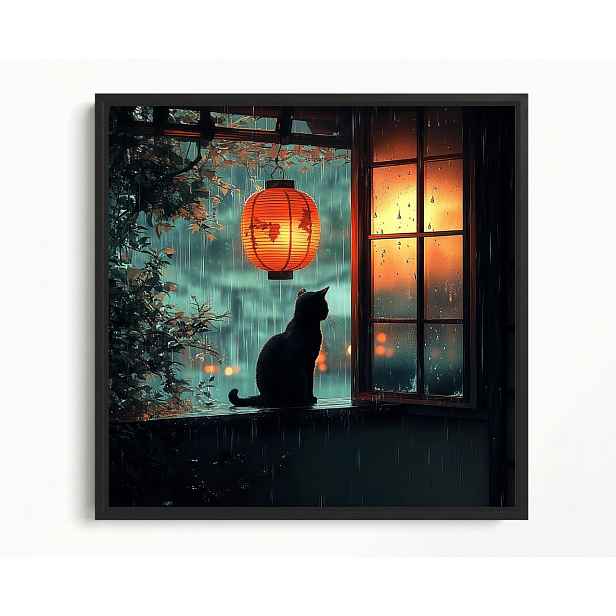 Obraz Rám American Box Večer Noc Déšť Liják Lampion Černá Kočka 60x60