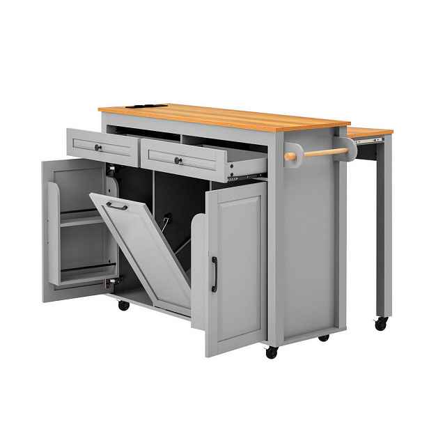 Redom KUCHYŇSKÝ ostrůvek 120/40-75/92 cm s výsuvnou pracovní deskou, nabíjecí stanicí, úložným prostorem a kolečky, Šedá