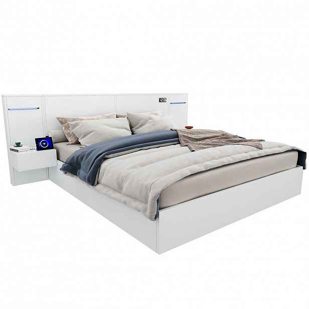 Modfu MANŽELSKÁ postel z MDF 160x200 cm bílá s USB, USB-C, Bluetooth reproduktory, hodinami a LED osvětlením