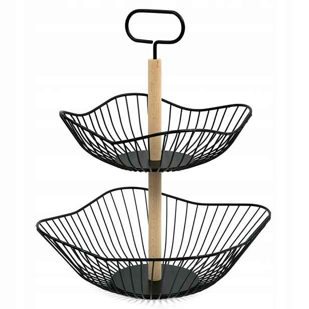 Podnos Kovová 2-ÚROVŇOVÁ 40 cm Košík Na Ovoce Černý Hnědý Loft