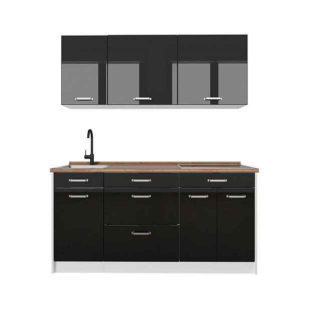 Vicco JEDNOTKOVÁ KUCHYNĚ R-Line, Černý vysoký lesk/Bílá, 160 cm pracovná doska Dub Goldkraft