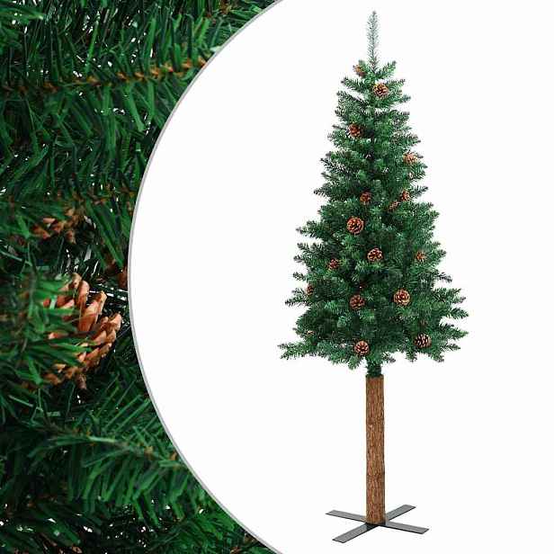 vidaXL Úzký vánoční stromek pravé dřevo a šišky zelený 210 cm PVC