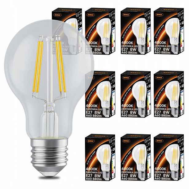 Led žárovka E27 A60 8W 75W 880lm 4000K Neutrální Filament Loft Sada 10x