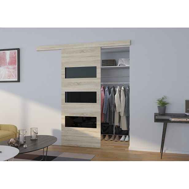 Posuvné dveře na stěnu s lakovaným sklem 86 cm FABRIA - dub sonoma / černé