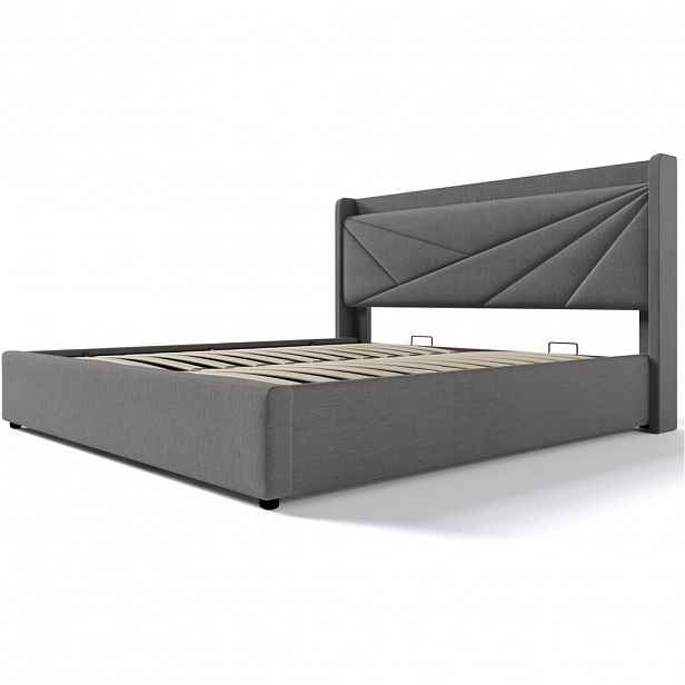 Modfu ČALOUNĚNÁ postel z bavlněného lnu 140x200 cm šedá s USB-C, úložným prostorem a geometrickým čelem