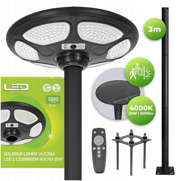 Solární pouliční lampa Led Pouliční svítidlo na sloupu Mašta 3 m Snímač pohybu