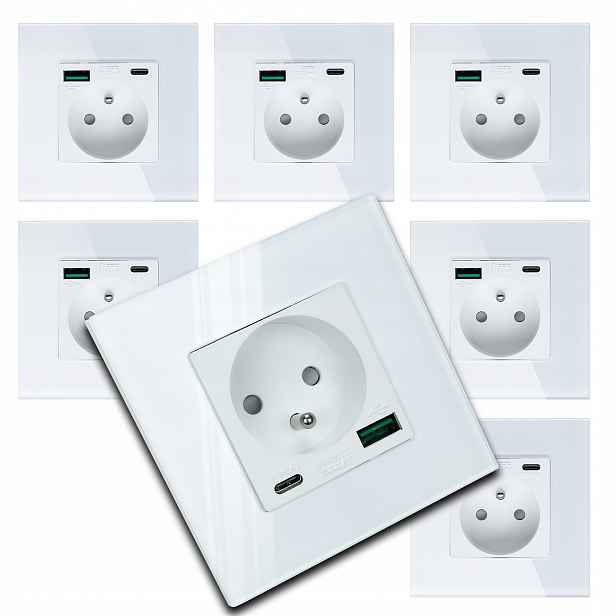 7x Moderní Bílá Elektrická Zásuvka Sklo S Vestavěnou Usb Nabíječkou