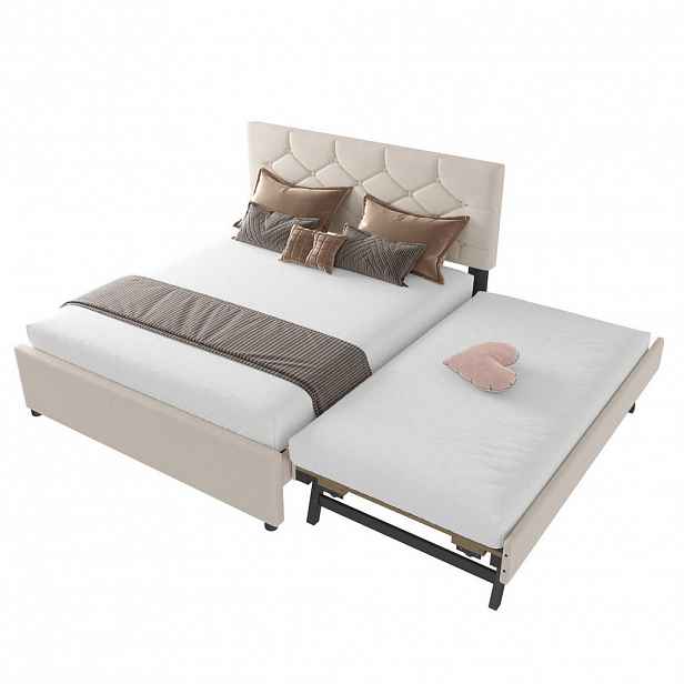 Modfu ČALOUNĚNÁ postel ze sametu 140x200 cm béžová s výsuvným lůžkem a roštem, minimalistický design