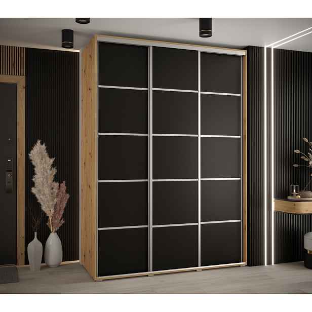 Šatní skříň YVONA 4 - 180/60 cm, dub artisan / černá / stříbrná