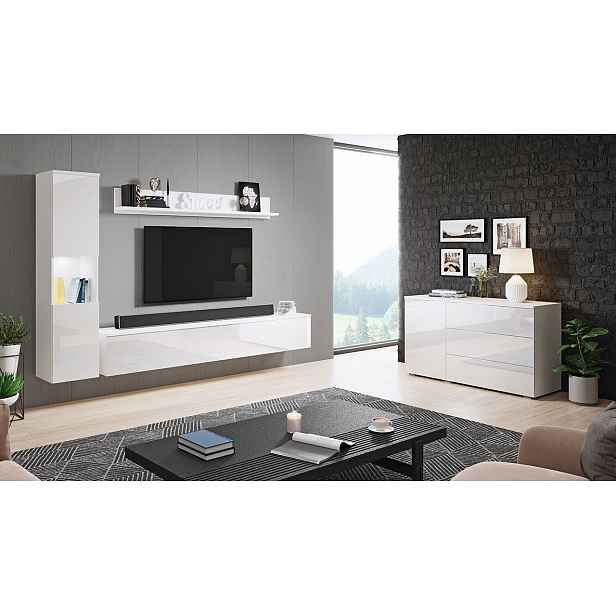Nábytek do obývacího pokoje s LED osvětlením ROSARIO - lesklý bílý / bílý