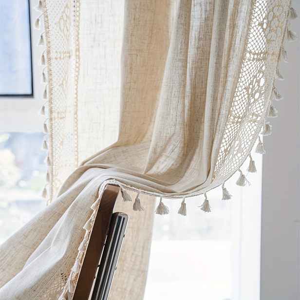TEMU 1 panel Boho dekorativní háčkovaná závěsová závěs z čistého lnu, polotmavý, americký venkovský styl pro obývací pokoj, ložnici, arkýřové okno,