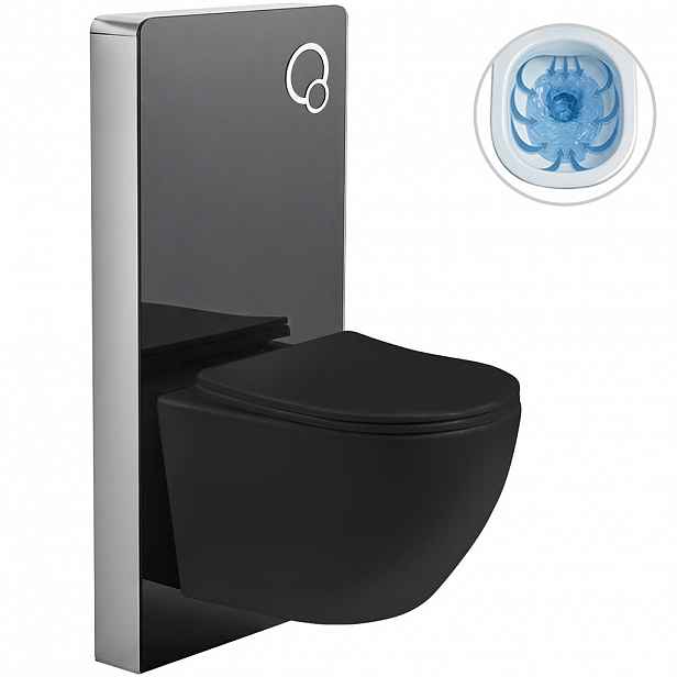 Kompletní WC set Modul/Cesso - černá lesklá - integrované WC tlačítko - pneumatický modul - 49x36 cm