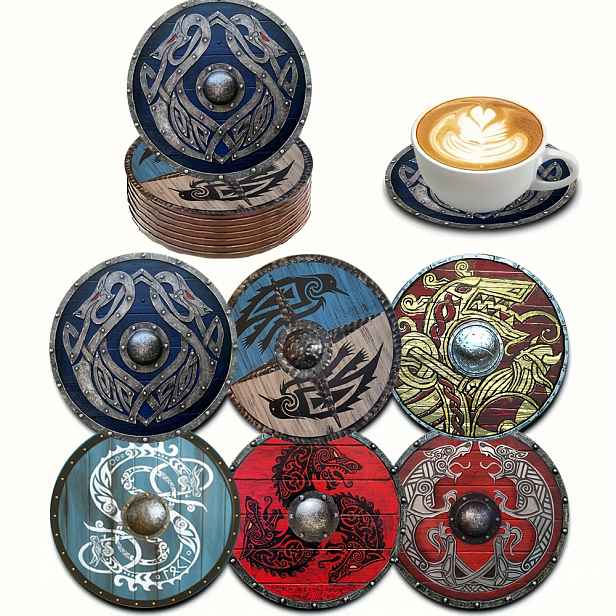 TEMU Sada 6 kulatých dřevěných tácků s vikingských štítů, ideální tepelné izolace do retro barů, dekorace do domácnosti a vánoční dárky. Skvělé pro