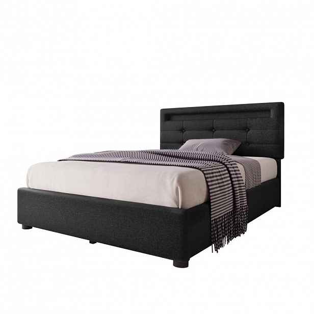 Modfu ČALOUNĚNÁ postel z lněné tkaniny 90x200 cm černá s LED osvětlením, 2 zásuvkami a nastavitelným čelem