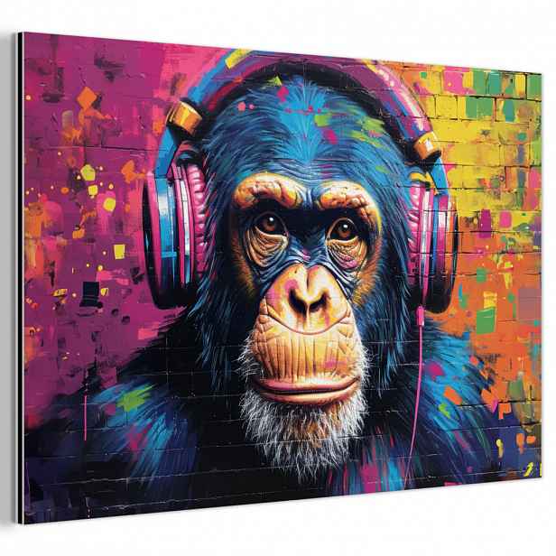 MuchoWow KOVOVÝ OBRAZ Graffiti - Šimpanz - Street art - Sluchátka - Opice 60x40 cm