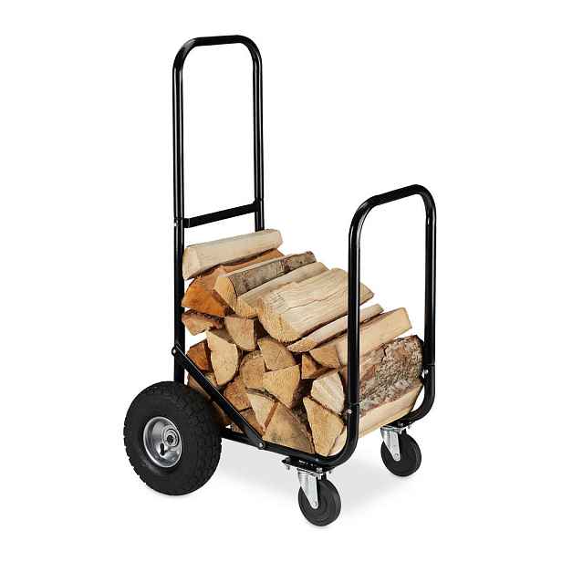 Relaxdays VOZÍK NA KRBOVÉ DŘEVO Černá ocel s pneumatikami 107,5 cm
