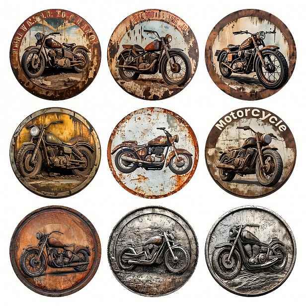 TEMU 9dílná sada vintage motorkářských podložek, protiskluzové podložky pod nápoje - podložky do auta, podložky pod šálky na čaj, podložky pod hrnky
